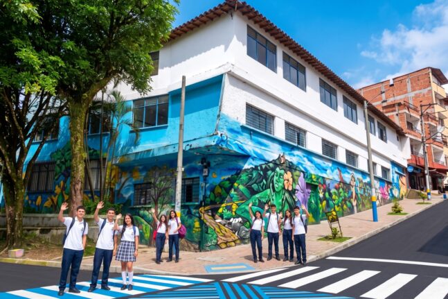 Fachada de la sede Rafael Pombo: edificio de tres pisos con un gran mural de colores en la esquina y estudiantes de uniforme saludando junto al paso peatonal